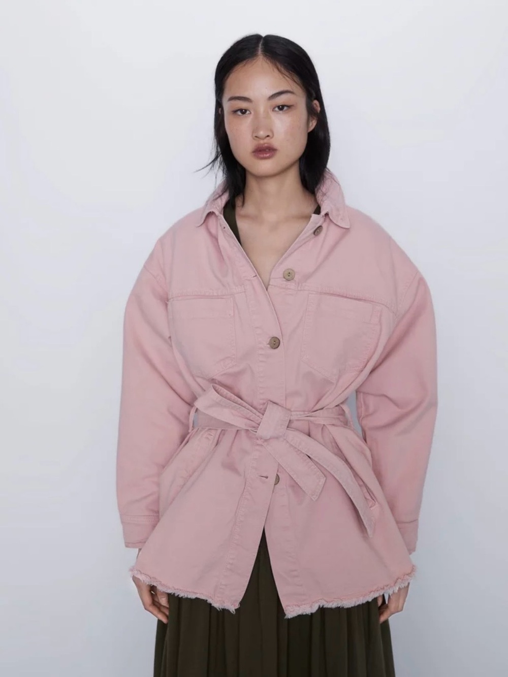ZARA Pink Belted Denim Utility Jacket Shacket Raw Hem Size XS